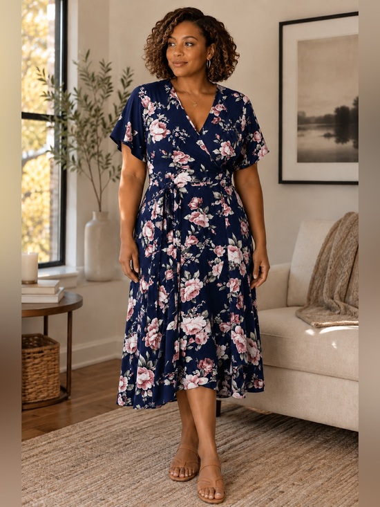 Dresses & Skirts - Navy blue floral faux wrap dress (fits like 3XL)